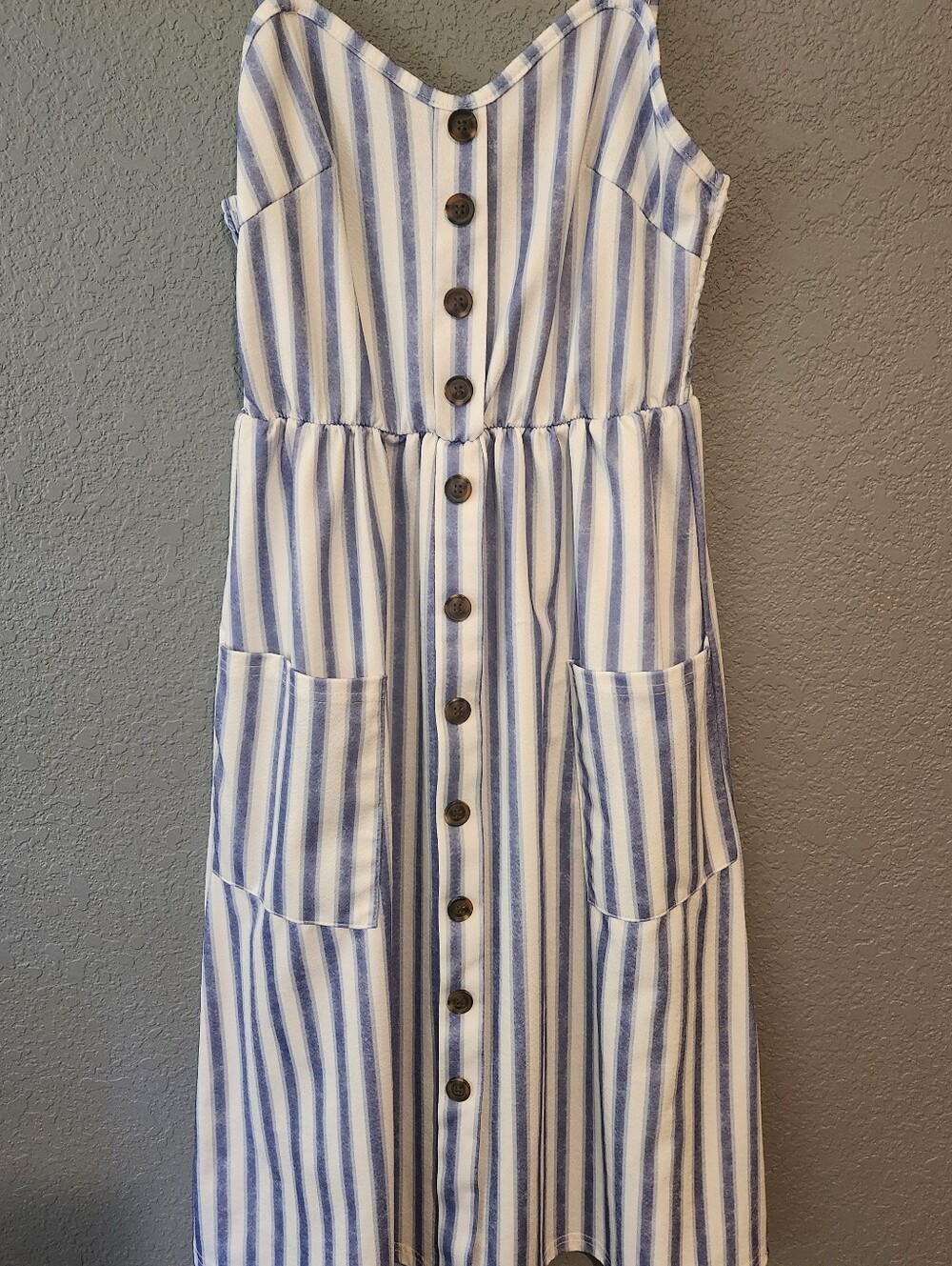 No Label Blue and White Striped Button-Front Midi Sundress